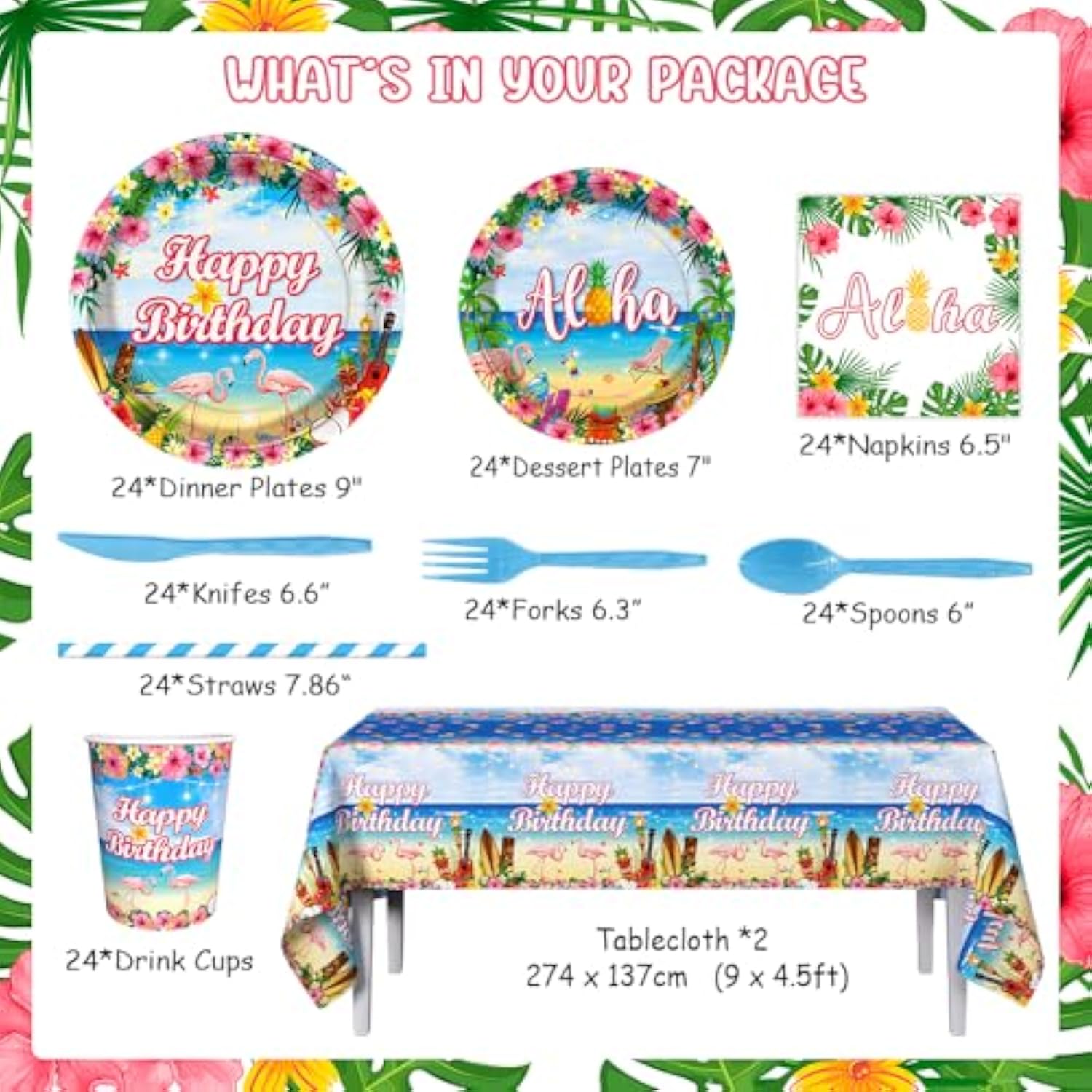 194Pcs Hawaiian Aloha Decorations For Happy Birthday Party Plates, Cup, Napkin, Tablecloth, Tableware, Summer Beach Holiday Party Birthday Party Supplies Plates Serve 24 Guests