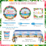 194Pcs Hawaiian Aloha Decorations For Happy Birthday Party Plates, Cup, Napkin, Tablecloth, Tableware, Summer Beach Holiday Party Birthday Party Supplies Plates Serve 24 Guests