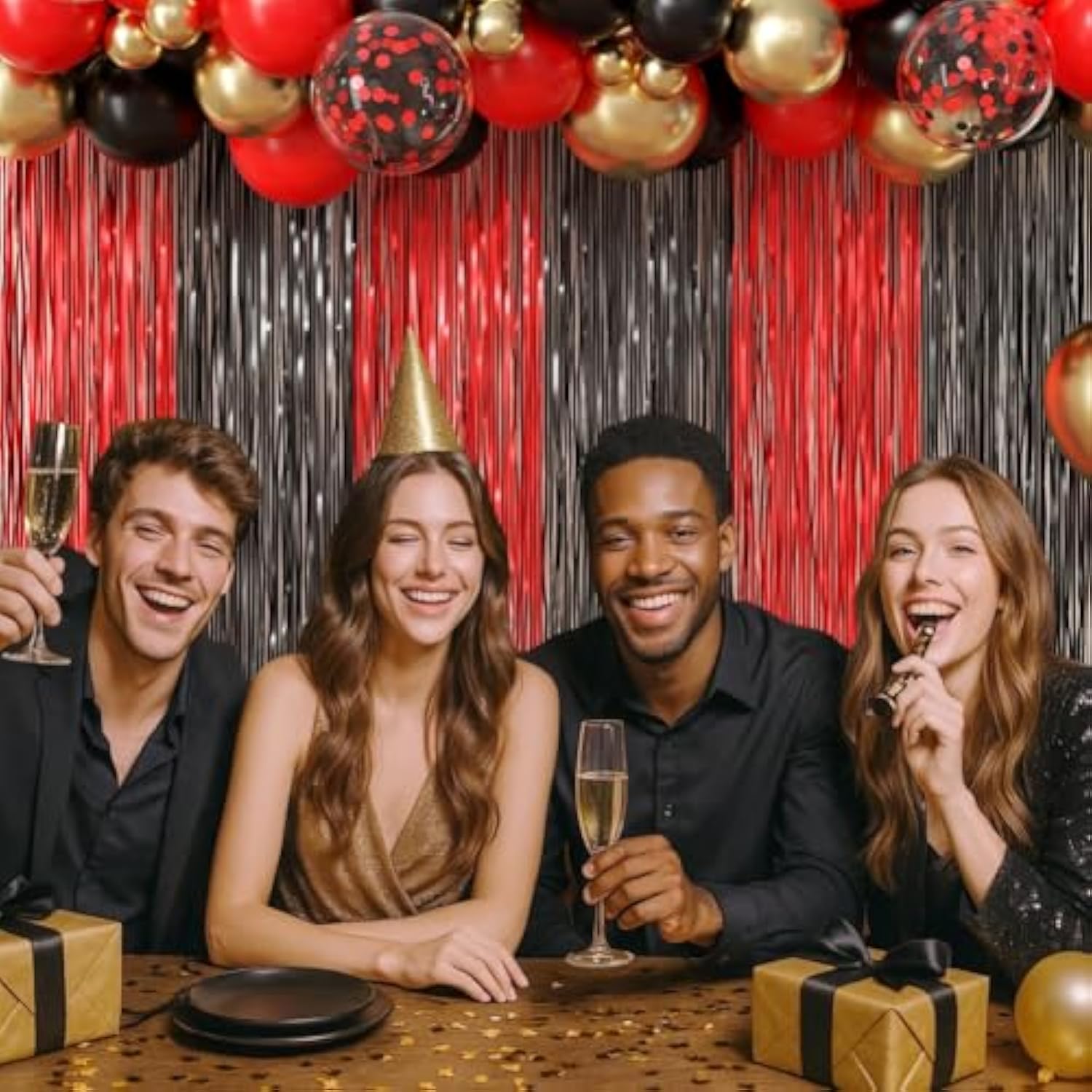 Red And Black Foil Fringe Curtains And Balloon Garland Arch Kit 2 Pack 3.2X8.2 Feet Backdrop Tinsel Curtains And 78 Pcs Balloons For Deadpool Twilight Stranger Things Party Decorations (Red And Black)