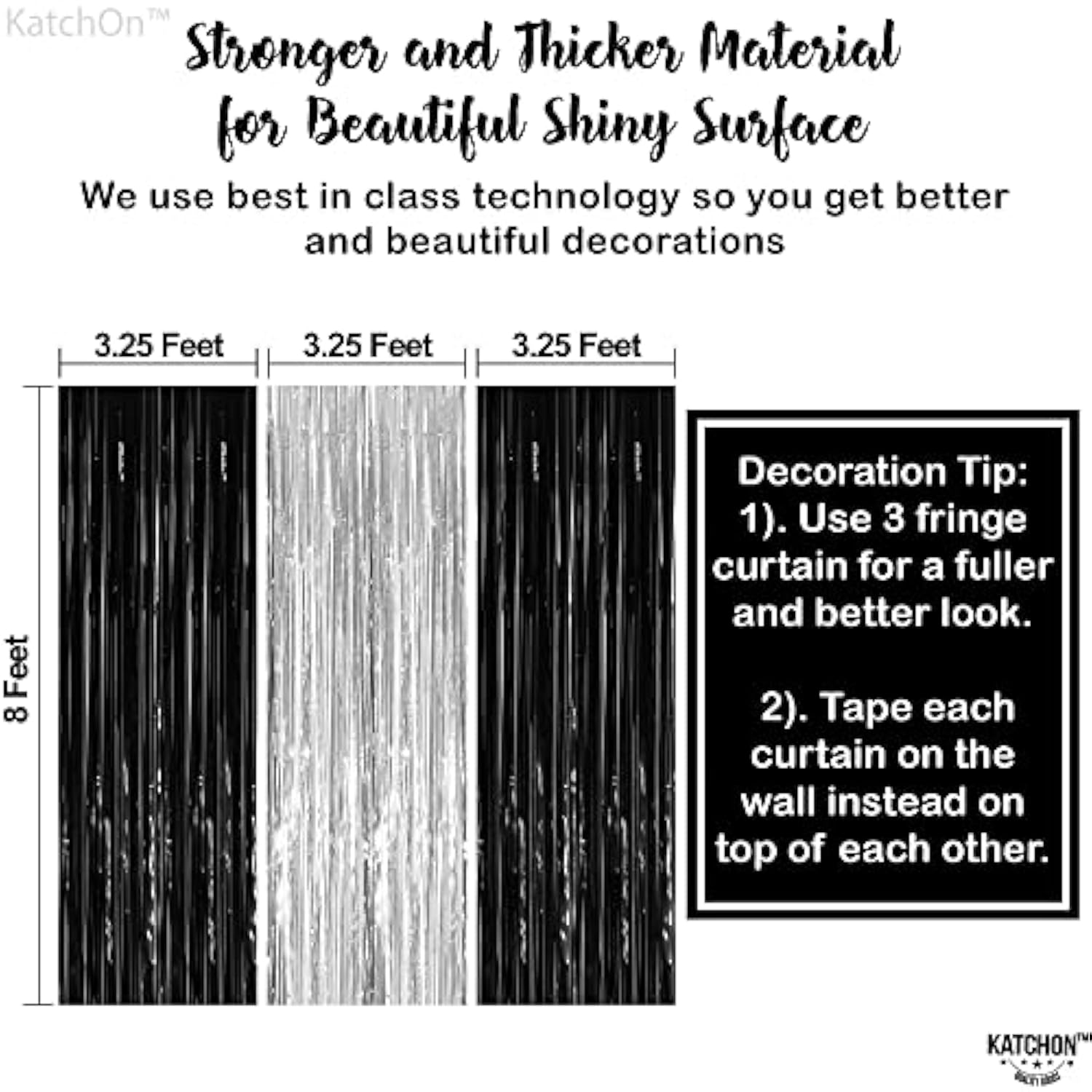 Xtralarge Black And Silver Backdrop - 3.2X8 Feet, Pack Of 3 | Black And Silver Foil Curtain For Black And Silver Party Decorations | Happy New Year Backdrop For Happy New Year Decorations