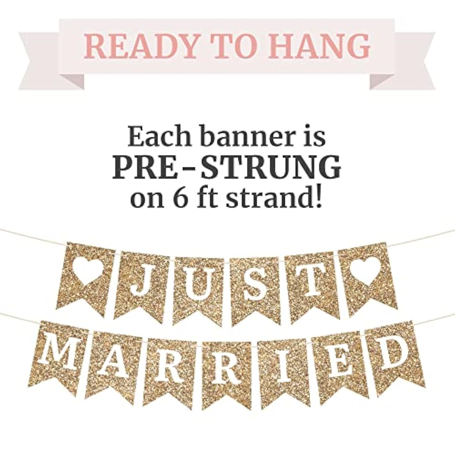 Pre-Strung Just Married Banner - No Diy - Gold Glitter Wedding Party Banner - Pre-Strung Garland On 6 Ft Strands - Gold Wedding Reception Party Or Car Decorations & Decor. Did We Mention No Diy