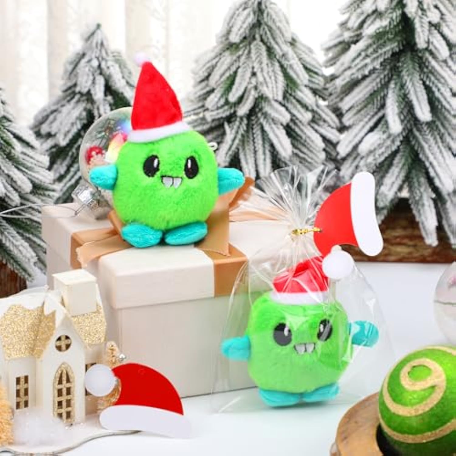 20 Packs Christmas Monster Plush Toys Set -Green Cute Stuffed Animal With Santa Hat, Small Plush Doll Gift Bags For Kids Stocking Stuffer Party Favor Classroom Exchange