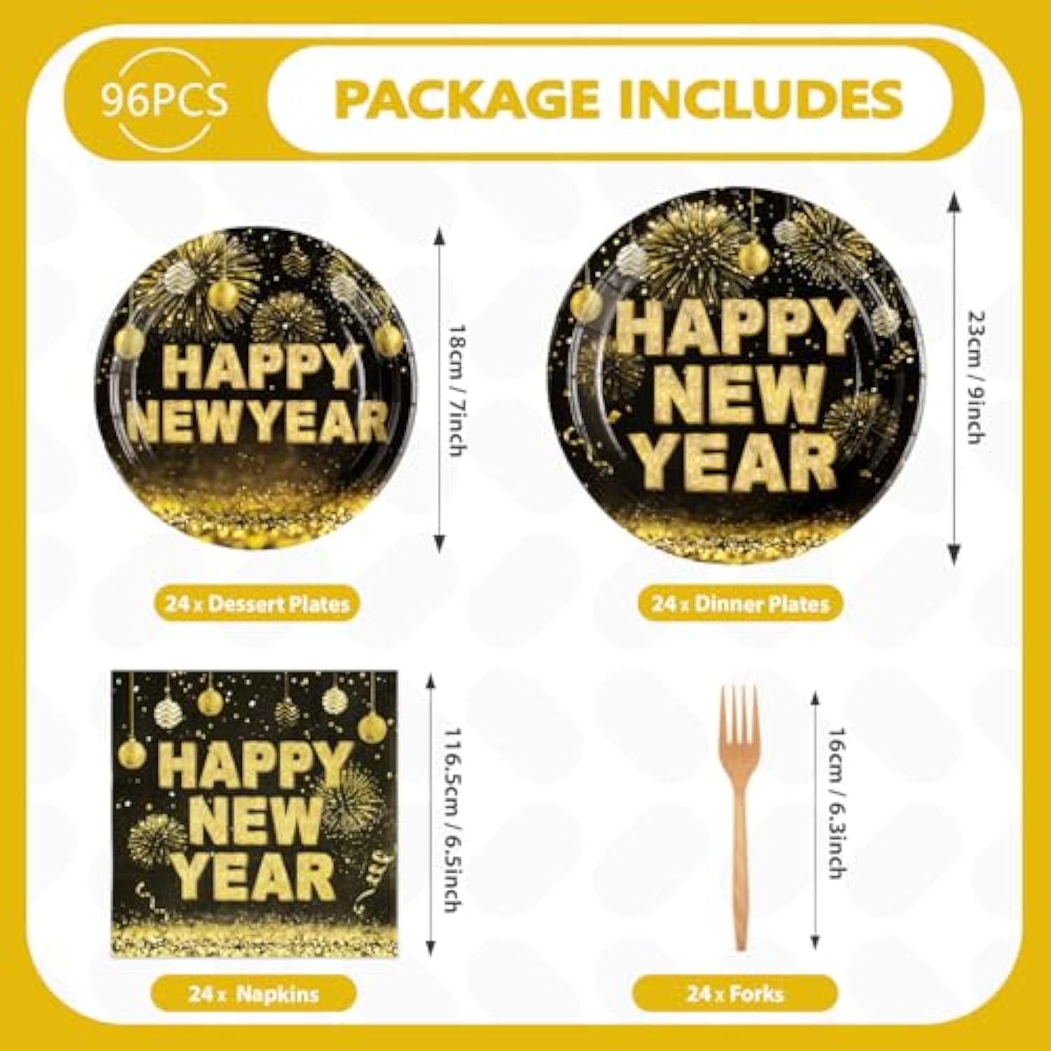 96 Pcs New Years Eve Party Supplies 350 Gsm Black And Gold Happy New Year Tableware Set 2025 Disposable New Years Eve Paper Plates And Napkins For 2025 New Year Party Decorations Serves 24
