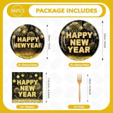 96 Pcs New Years Eve Party Supplies 350 Gsm Black And Gold Happy New Year Tableware Set 2025 Disposable New Years Eve Paper Plates And Napkins For 2025 New Year Party Decorations Serves 24