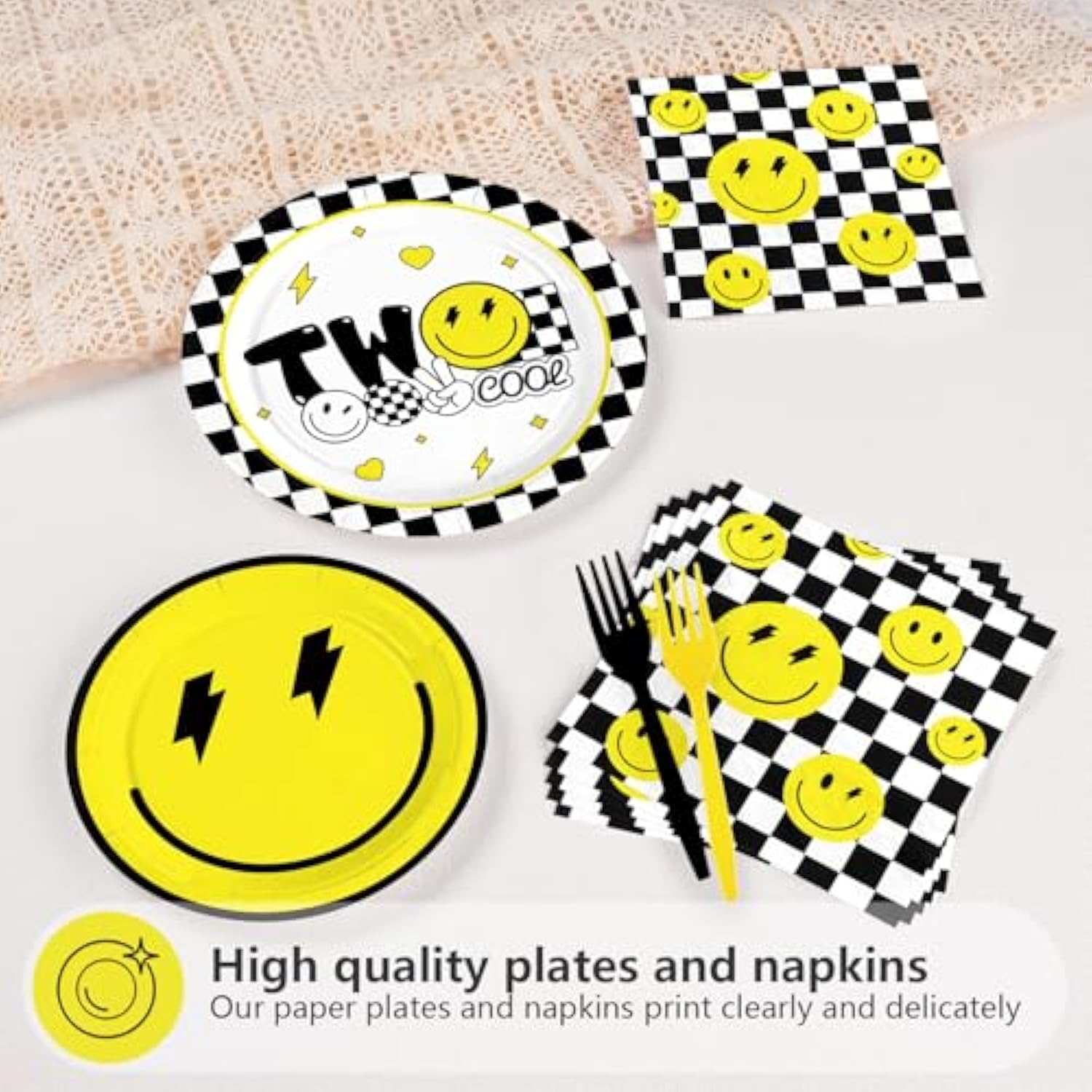 96 Pcs Two Cool Dude Birthday Party Decorations 350 Gsm 2Nd Birthday Party Supplies Tableware Set For Two Year Old Happy Dude Yellow Black Lightening Checkered Party Baby Shower Decor Serves 24 Guests