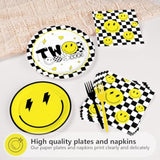 96 Pcs Two Cool Dude Birthday Party Decorations 350 Gsm 2Nd Birthday Party Supplies Tableware Set For Two Year Old Happy Dude Yellow Black Lightening Checkered Party Baby Shower Decor Serves 24 Guests