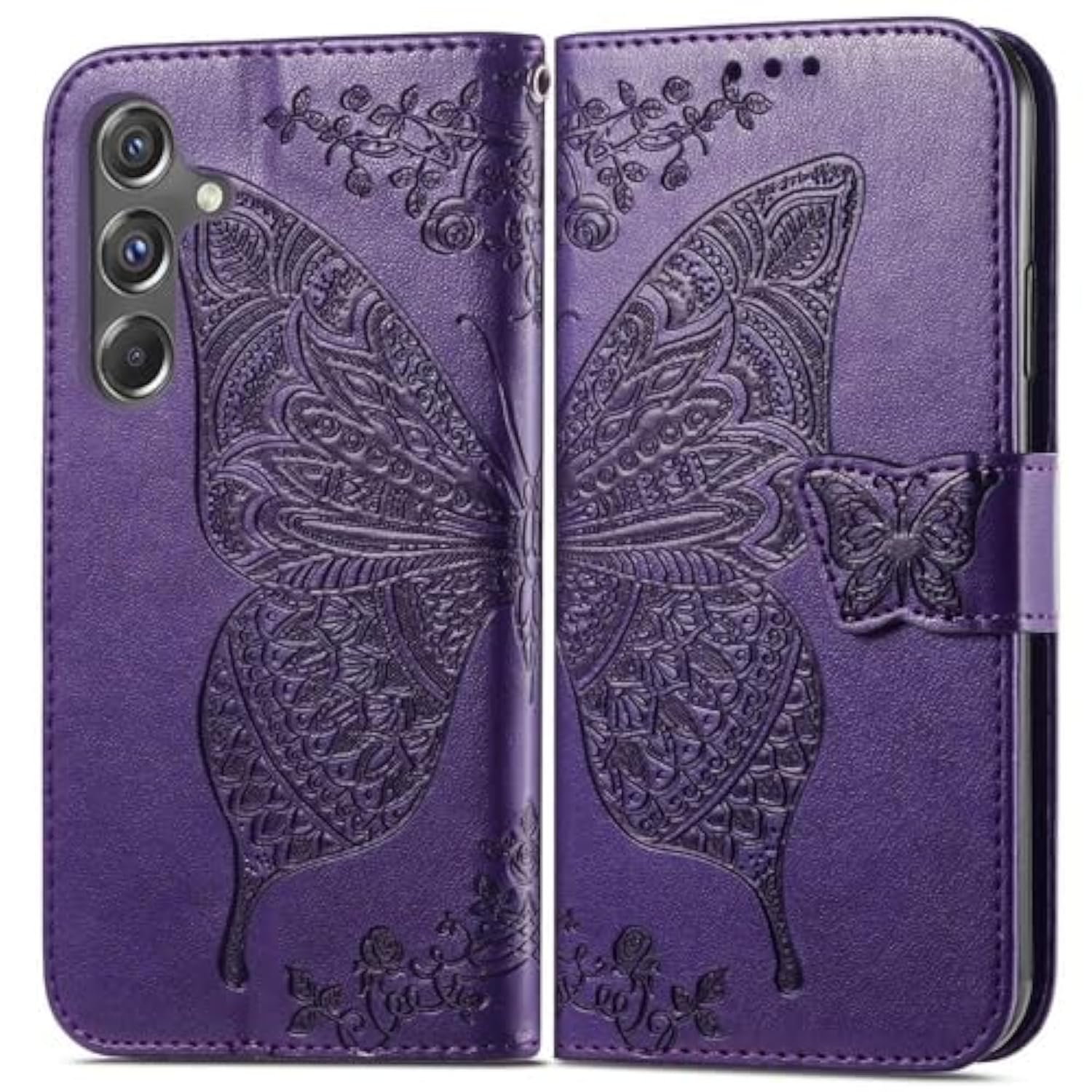 For Galaxy A15 5G Phone Case Wallet,Women Butterfly Embossed Flip Pu Leather With Credit Card Holders Kickstand Wrist Strap Purse Cover For Samsung A15 5G (Purple)