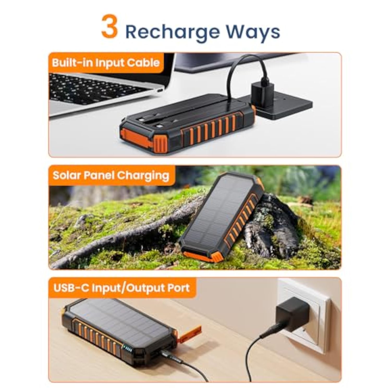 Power Bank Solar Charger 27000Mah Built In 3 Cables Five Outputs 15W Fast Charging Power Bank For All Mobile Devices Solar Portable Charger With Dual Flashlights