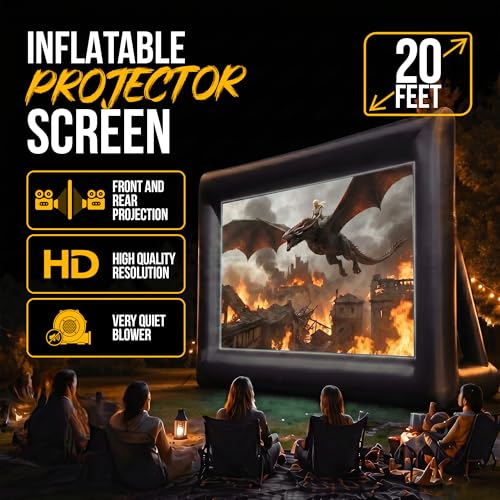 20 ft Outdoor Projector Screen - Supports Front and Rear Projection - Includes Inflation Fan, Tie-Downs and Storage Bag - Inflatable Projector Screen