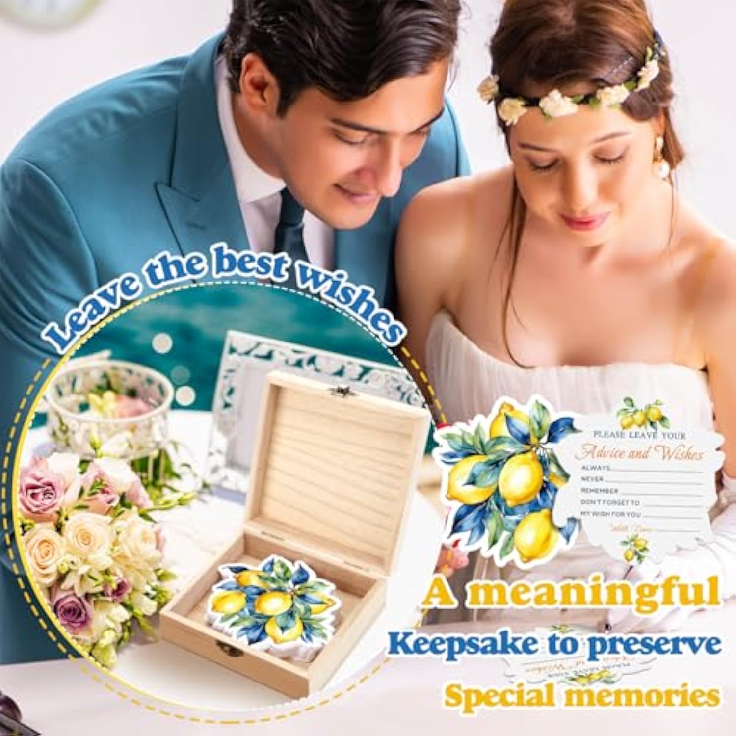 50 Pcs Lemon Advice & Wishes Cards For The Mr & Mrs Amalfi Coast Party Decorations Lemon Bridal Shower Party Favors With Wooden Keepsake Box For Wedding Amalfi Coast Mediterranean