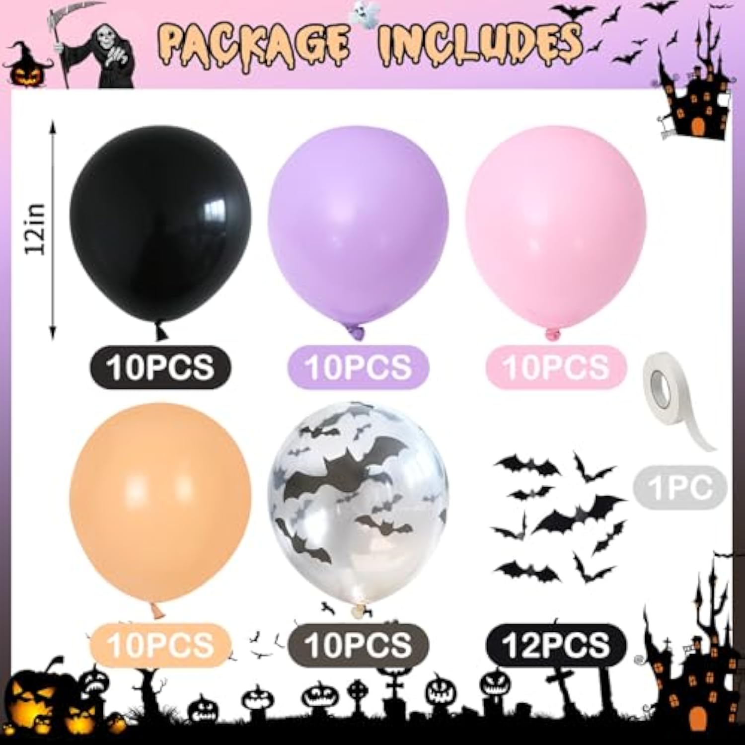 Halloween Balloon Arch Kit with Spider Star Foil Balloons & Bat Stickers Party Decor