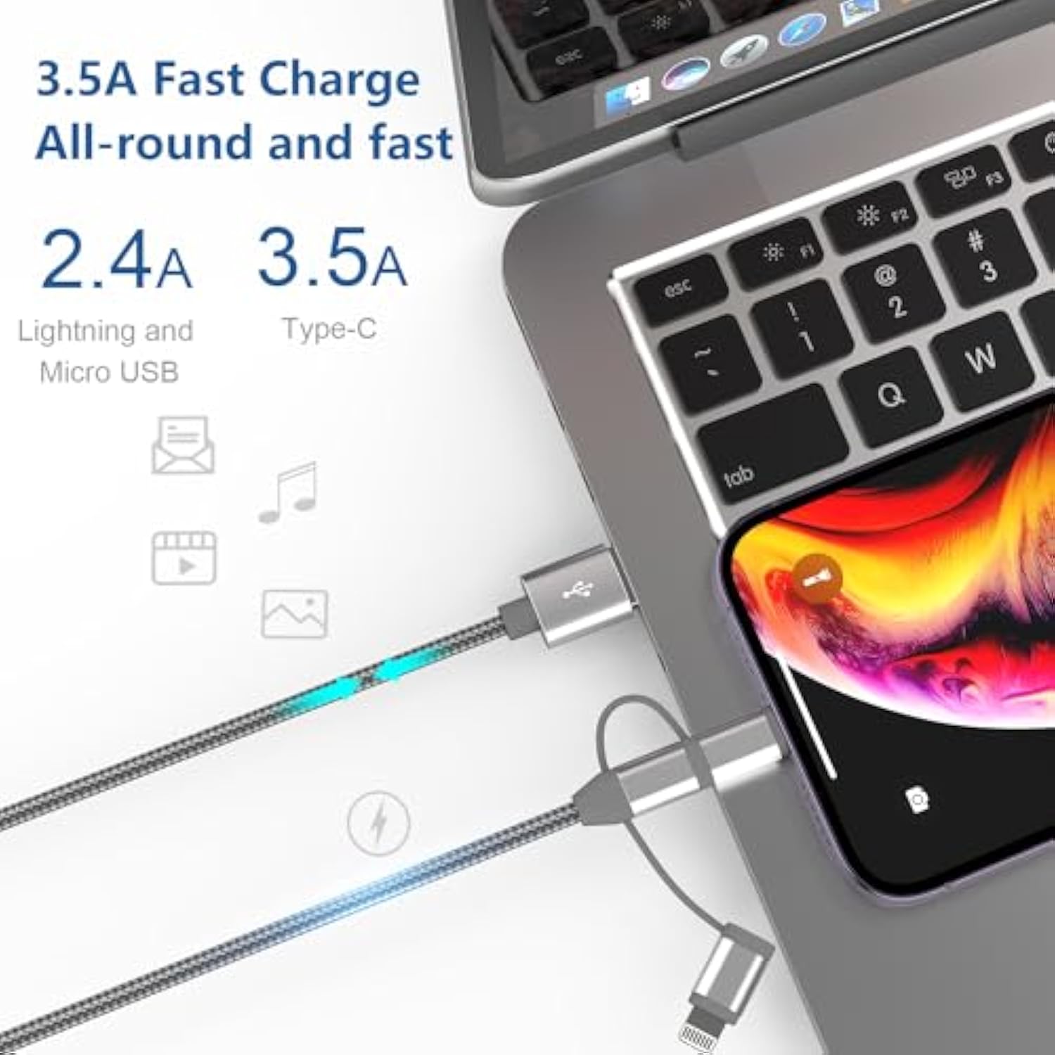 3 In 1 Charging Cable Adapter,Apple Mfi Certified Lightning,Type-C,Micro Usb Cable,Compatible With Iphone 16/15/14,Ipad,Huawei, Htc,Lg,Samsung Galaxy,Sony Xperia,Car Charger(1 Pack,3.4Ft)