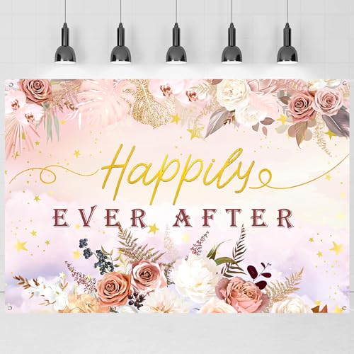 Happily Ever After Backdrop Banner, Mr & Mrs Wedding Party Photography Backdrop Poster Engagement Party Anniversary Bridal Shower Decorations Photo Booth Props 6x4ft