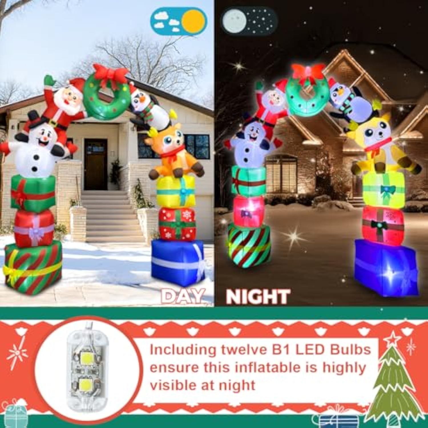 8Ft Christmas Inflatables Archway Outdoor Decorations, Santa Penguin Snowman Reindeer With Giftbags Built-In Led Lighted