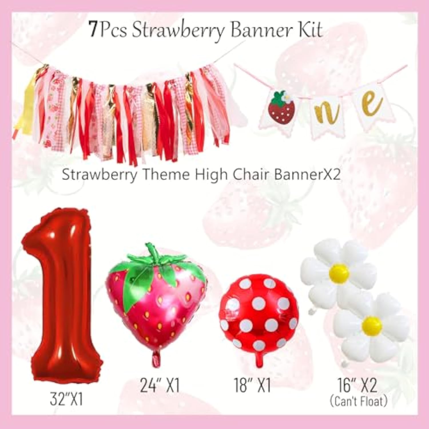 7pcs Strawberry First Birthday Kit – Banner, Balloons & Cake Smash Decor
