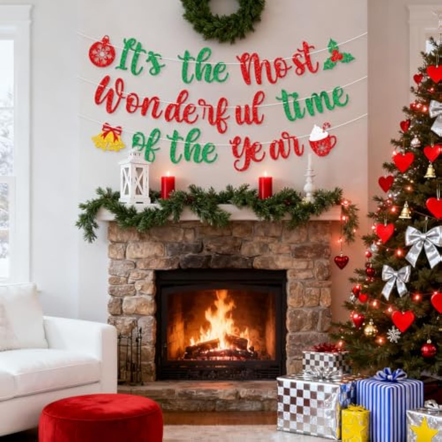 It'S The Most Wonderful Time Of The Year Banner,Glitter Pre-Strung Merry Christmas Banner With Christmas Bell Holly Berries Hot Cocoa Coffee Cup Sign For Winter Party,Happy Holidays Decorations