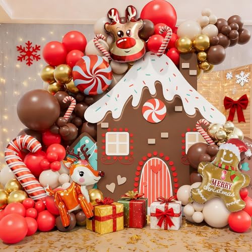 173pcs Christmas Balloon Garland Arch Kit Red Brown Sand White Gold Balloons with Gingerbread Moose Elk Deer Candy Cane Foil Balloon for Christmas Woodland Party Xmas Winter Party Decorations