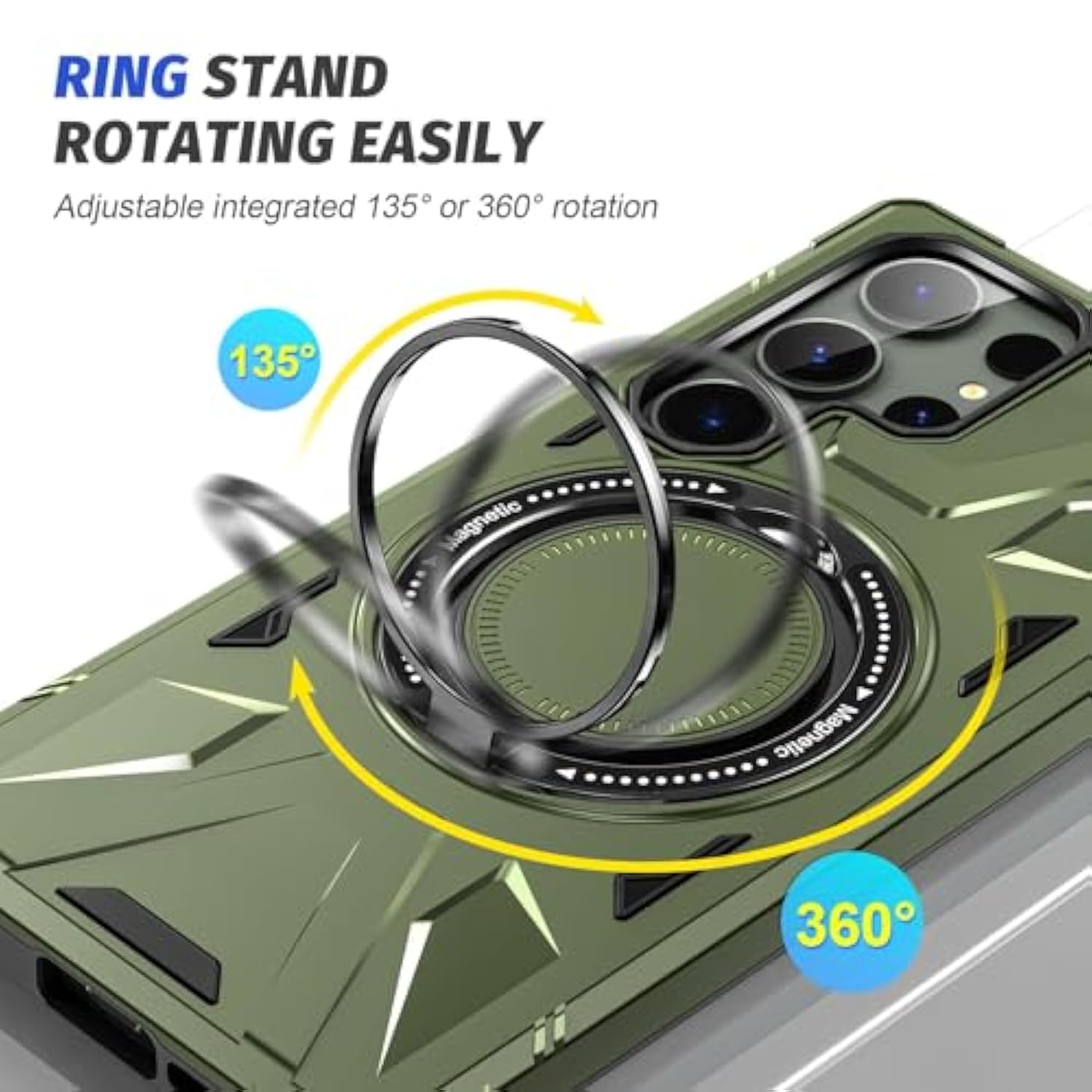 Samsung Galaxy S23 Ultra Magnetic Case - 360 Rotatable Ring Stand, Military Grade Heavy Duty Protection, Compatible With Magsafe, Green