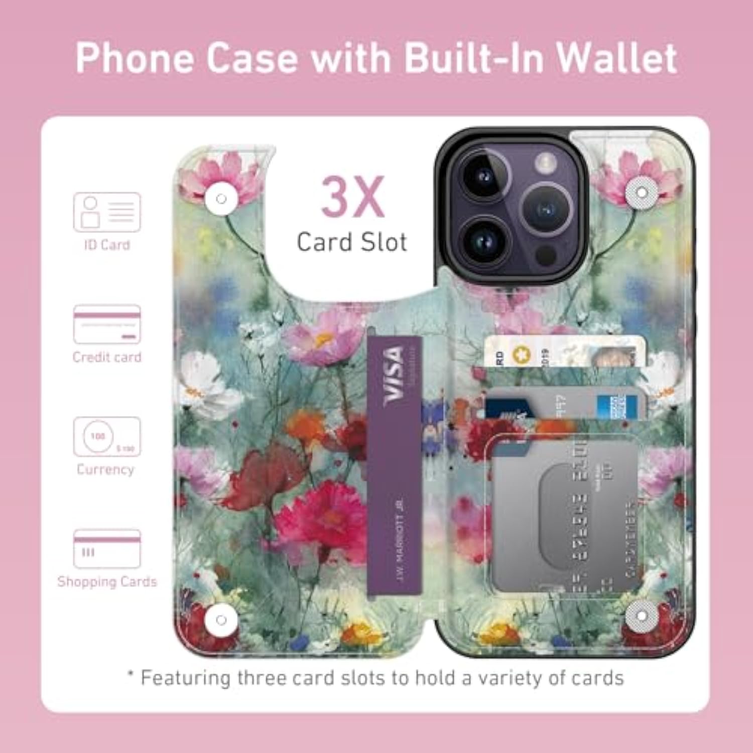 For Iphone 14 Pro Wallet Case With Card Holder, Rfid-Blocking, Military-Grade Drop Protection & Floral Animal Design, Magnetic Closure With Leather Kickstand - Dreamy Flowers
