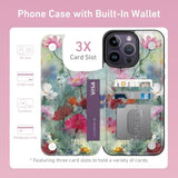 For Iphone 14 Pro Wallet Case With Card Holder, Rfid-Blocking, Military-Grade Drop Protection & Floral Animal Design, Magnetic Closure With Leather Kickstand - Dreamy Flowers