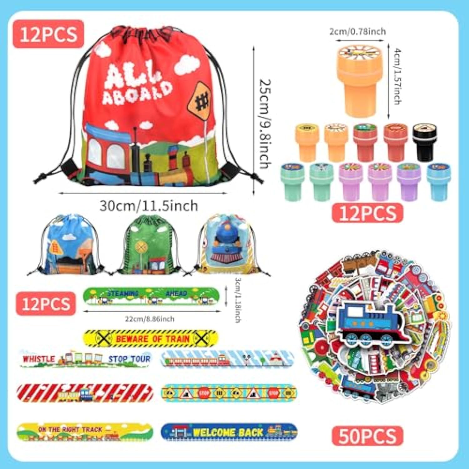 98 Pcs Train Party Favors,Train Print Party Supplies Include Stickers Stamps Keychains Slap Bracelets And Drawstring Bags Party Decorations For Kids Traintheme Birthday Supplies (A-Train)
