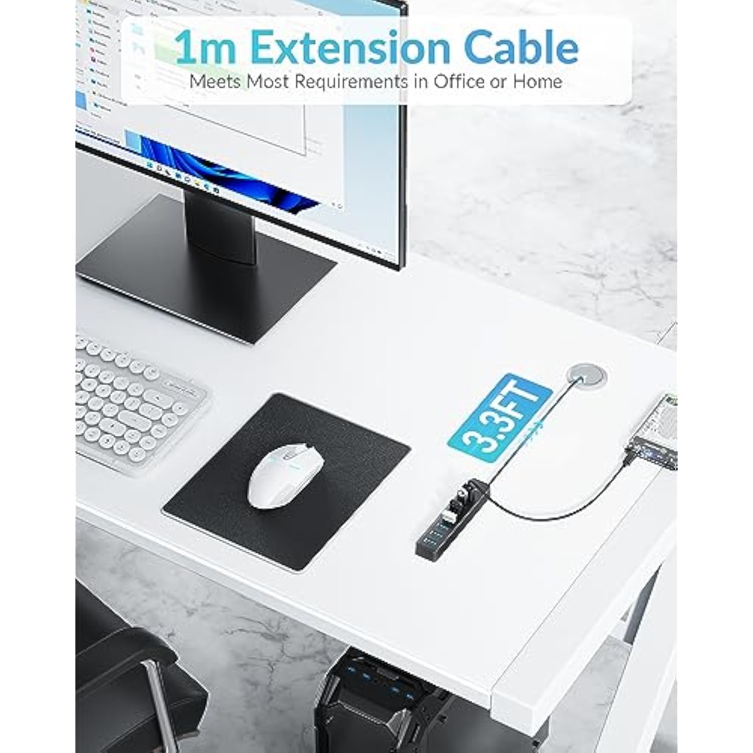 7 Port Usb Hub, 3.3Ft/1M Long Cable Usb 3.0 Hub Multi Usb Port Hub Usb Multipo