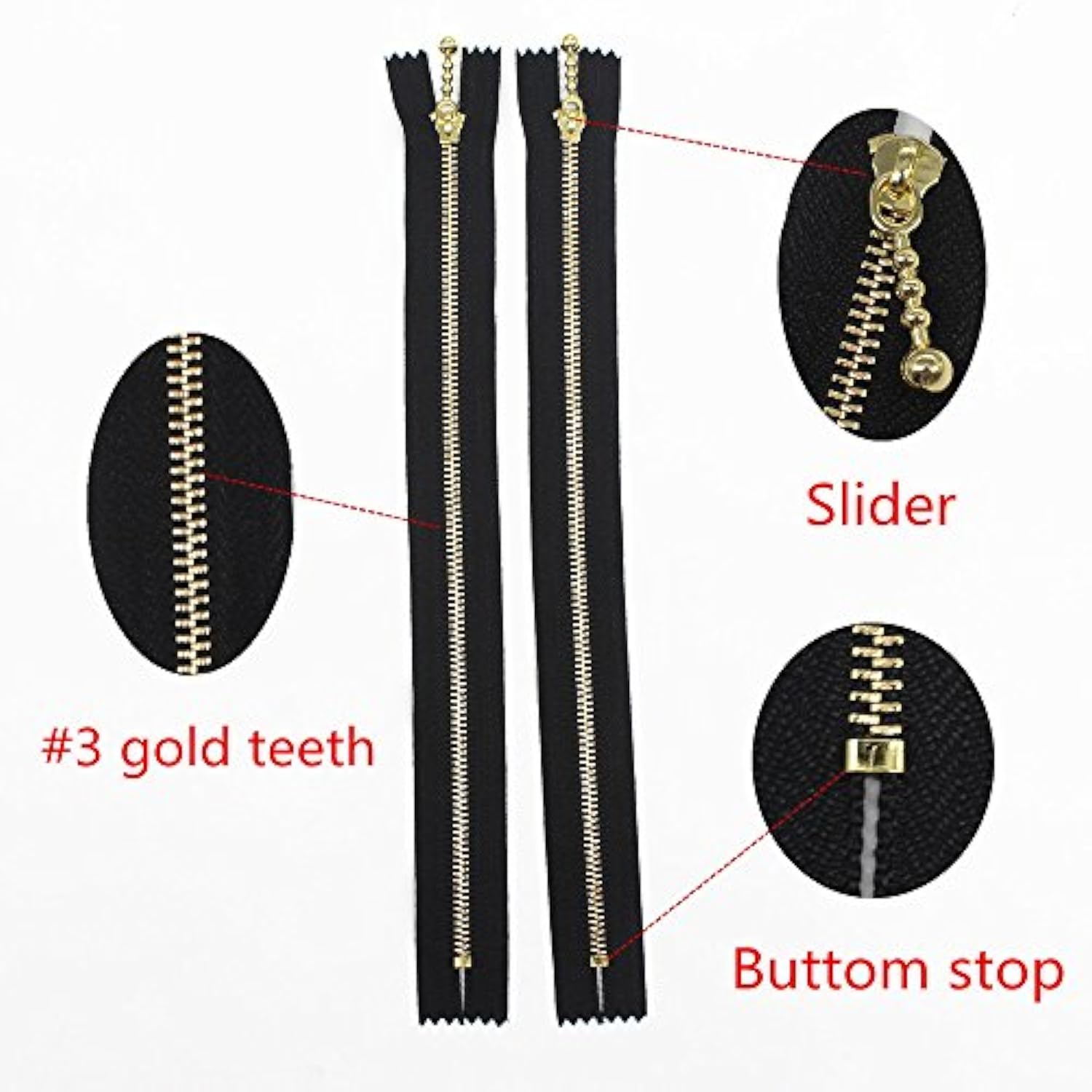 10Pcs 12 Inch #3 Gold Metal Zippers Close End Golden Metal Zippers For