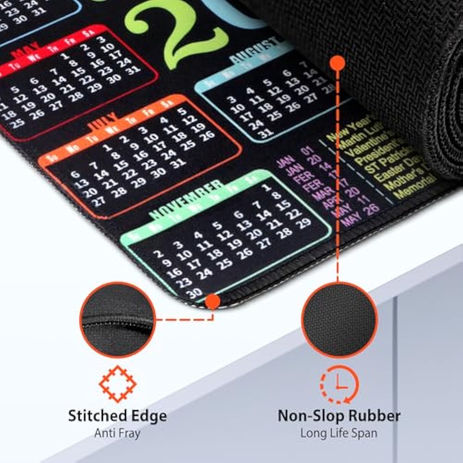 2025 Calendar Mouse Pad With Stitched Edge, 10.2X8.3X0.1 Inch Holidays Mouse Pad With Non-Slip Rubber Base, Quality Creative Mousepads For Computers Laptop Office Outdoor