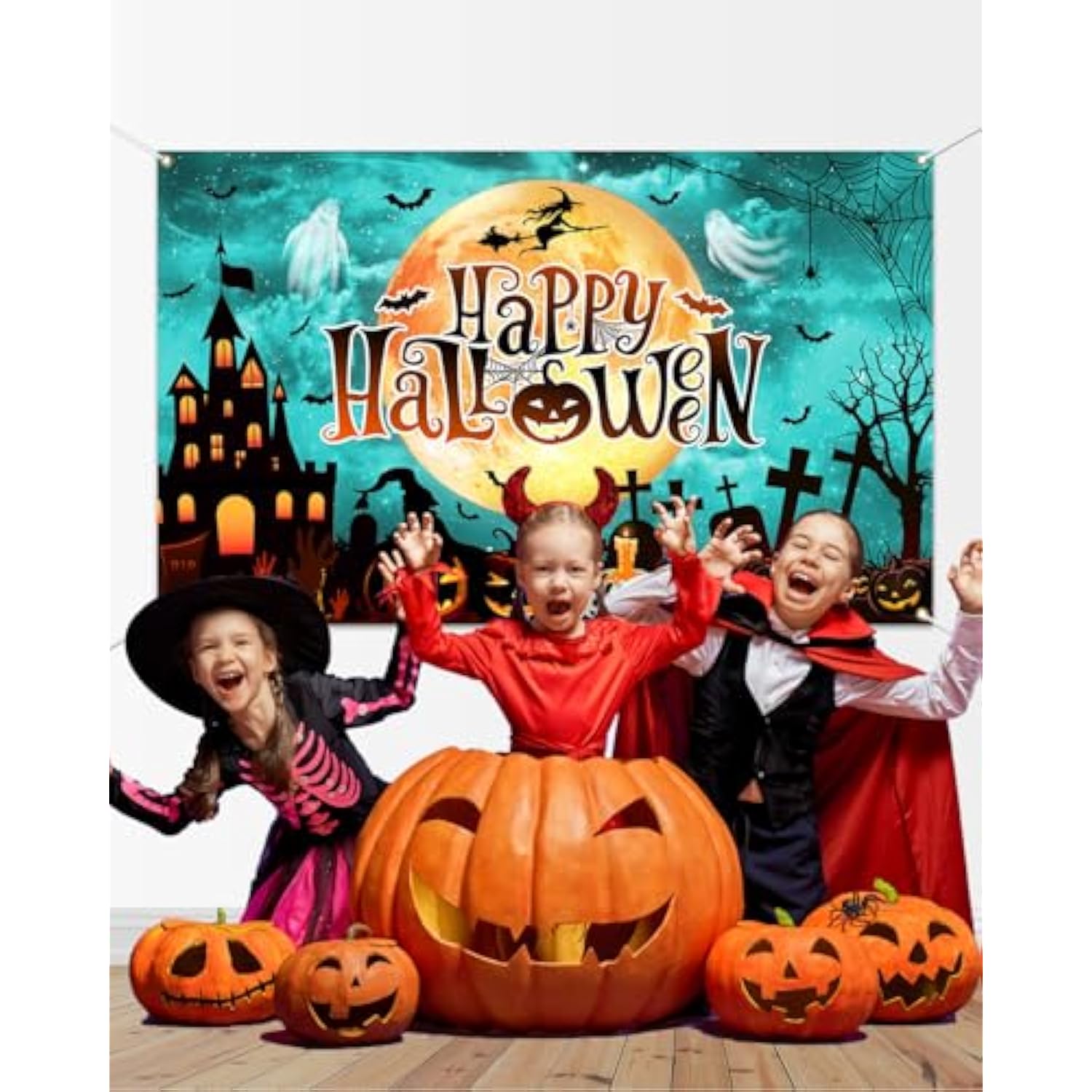 Happy Halloween Backdrop Banner Pumpkin Moon Witch Castle Party Decoration Blue