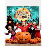 Happy Halloween Backdrop Banner Pumpkin Moon Witch Castle Party Decoration Blue