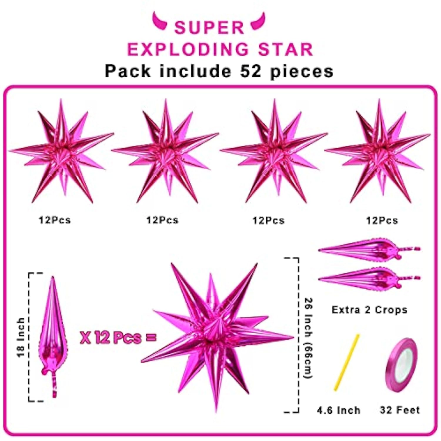 50Pcs Hot Pink Starburst Foil Balloons, Metallic Cone Balloons for Parties