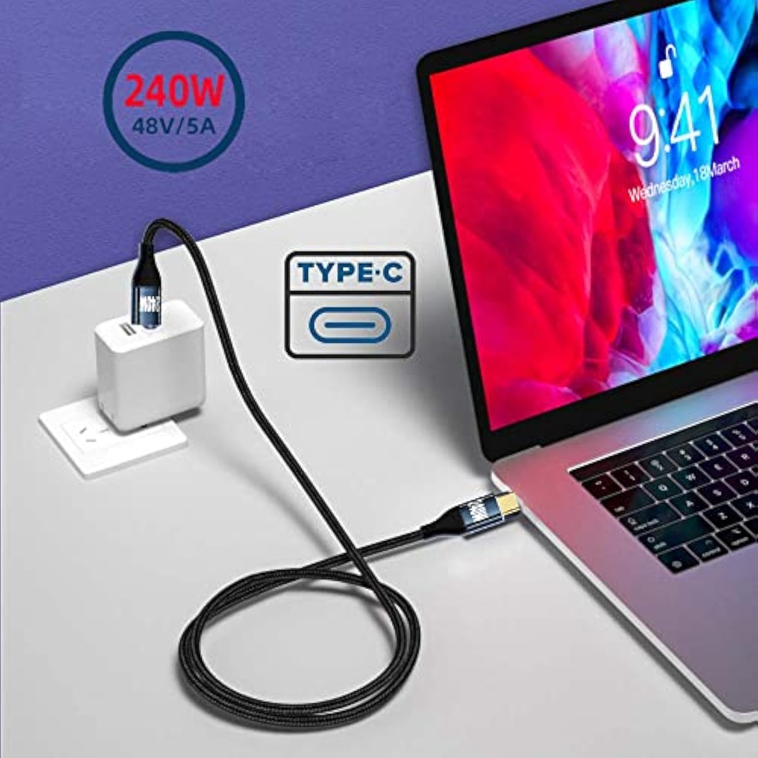 cablecc USB-C 240W 480Mbps 48V 5A Type-C Cable Compatible with USB2.0 100W Cha
