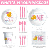 Rubber Duck 1St Birthday Decorations For Girl Tableware, Bubble Bath Theme Pink One Lucky Duck Birthday Party Supplies, Paper Plates, Cups, Napkins, Disposable Cutlery, Serves 24