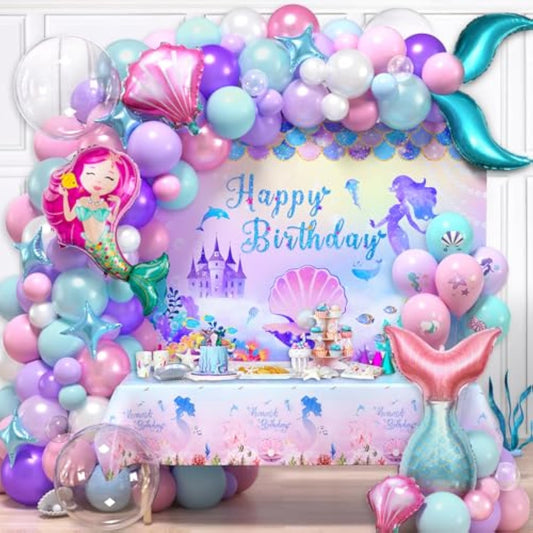 Little Mermaid Party Decorations Birthday Supplies Girls, Pink Purple Balloon Arch & Backdrop Tablecloth & Bobo Balloon Tail Shell Foil Balloon Printed Balloon, Princess Mermaid Birthday Decor
