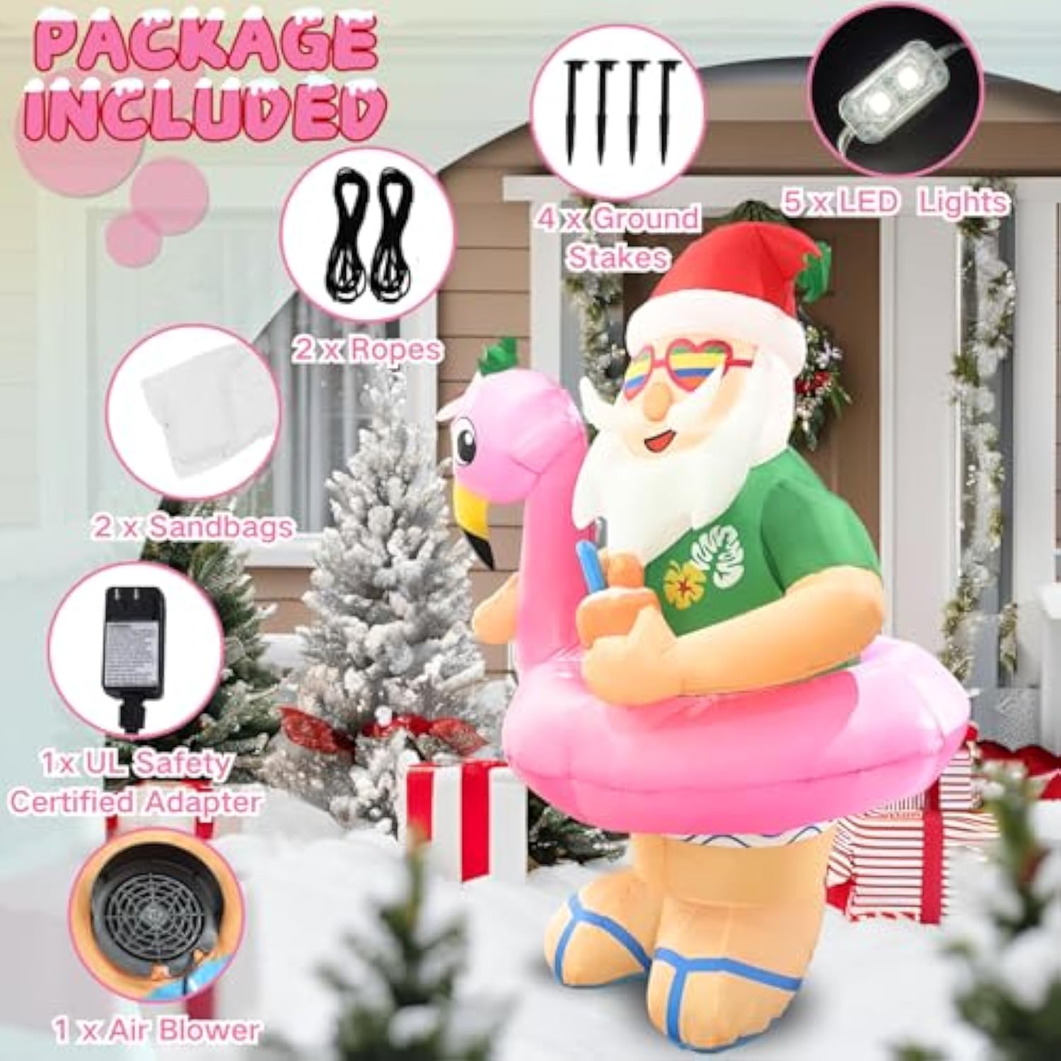 Christmas Inflatables Santa Claus Outdoor Decorations 6Ft Giant Hawaiian Santa Flamingo Swimming Ring Blow Up Yard Xmas