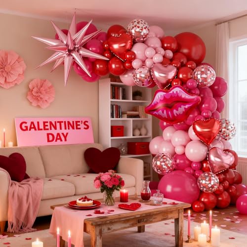 Pink and Red Valentines Balloons Garland Arch Kit, Valentine Red Heart Balloons Lips Balloon for Women Girls Galentines Day Anniversary Birthday Bridal Shower Romantic Valentine Day Decorations