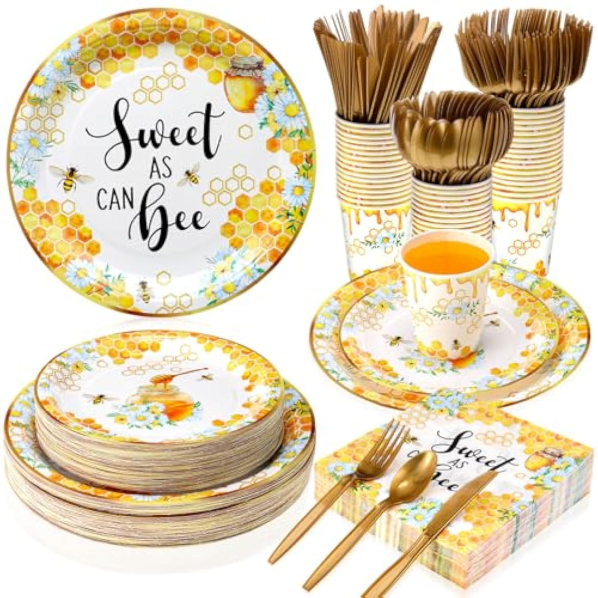 350 Pcs Baby Shower Party Supplies Sweet As Can Bee Paper Plates Napkins Cups And Plastic Cutlery Party Tableware Set For Honey Baby Shower Birthday Decorations, Serves 50