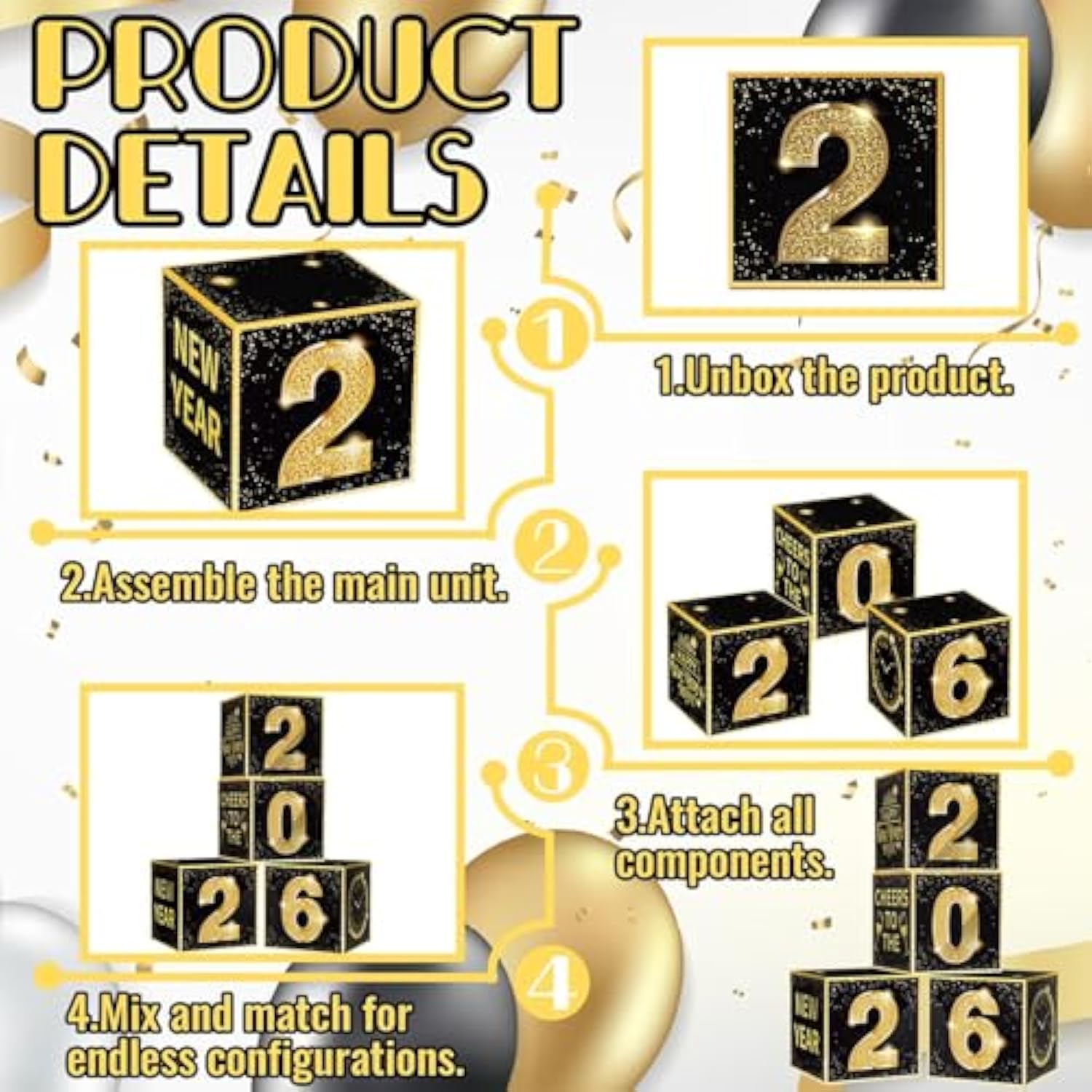 2026 Gold Black Balloon Box Kit New Year Eve Party Decorations