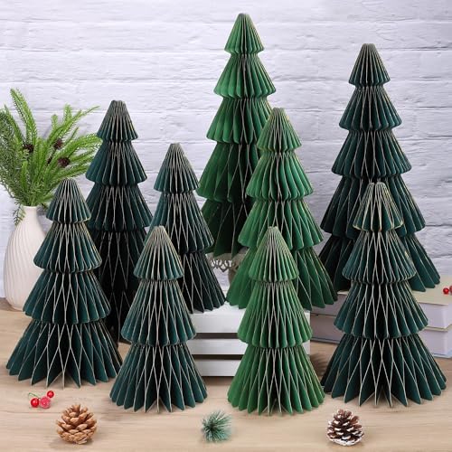 9 Pcs Honeycomb Paper Christmas Trees, 3D Christmas Honeycomb Table Centerpiece, 16, 12 & 10 Inch Winter Ornaments, Glitter Edge Xmas Tree for Home Holiday Xmas Party Decorations, Green