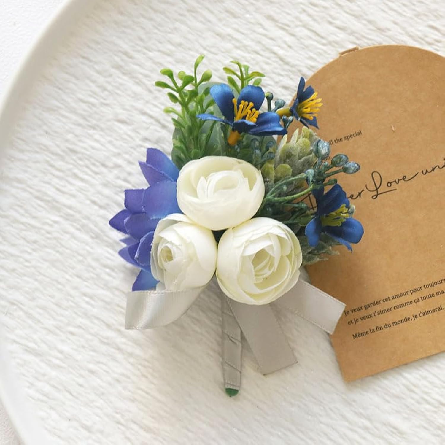 2 Pieces Artificial Wrist Corsage Boutonniere Set, Grooms Groomsmen Bridal Bridesmaids Wedding Flowers Accessories Prom Party Suit Decoration - Blue&White