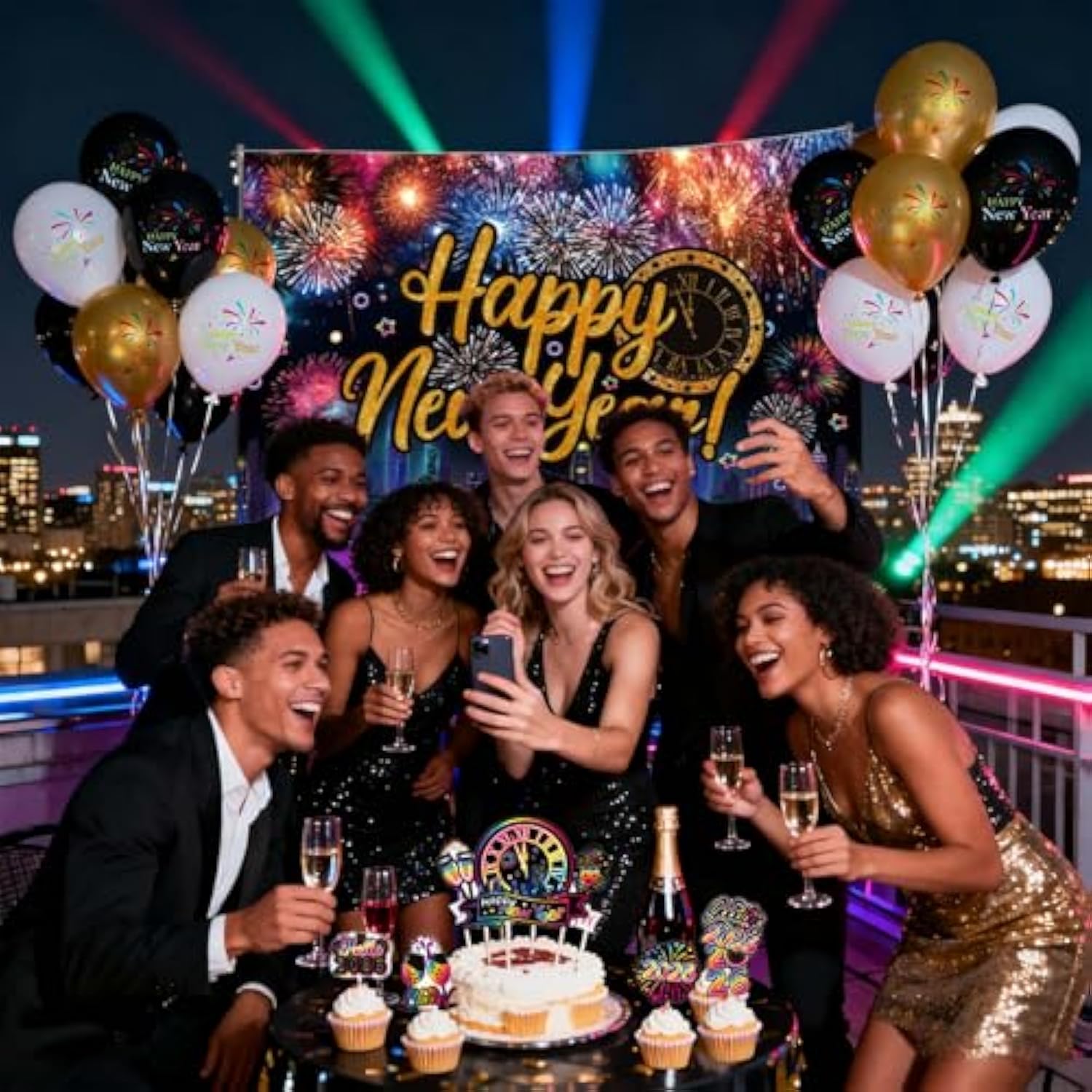 2026 Neon New Year Party Kit with Rainbow Banner, Foil Balloons, and Cake Toppers