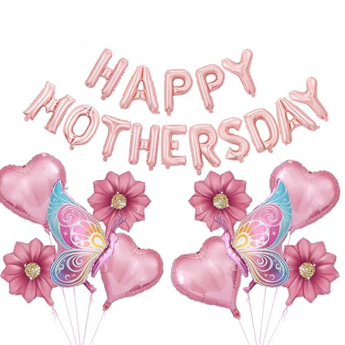 Mother's Day Decoration 16 Inch Rose Gold Happy Mothers Day Banner Letter Balloons with Flower and Butterfly Foil Balloons for Mom Celebration Party Decorations