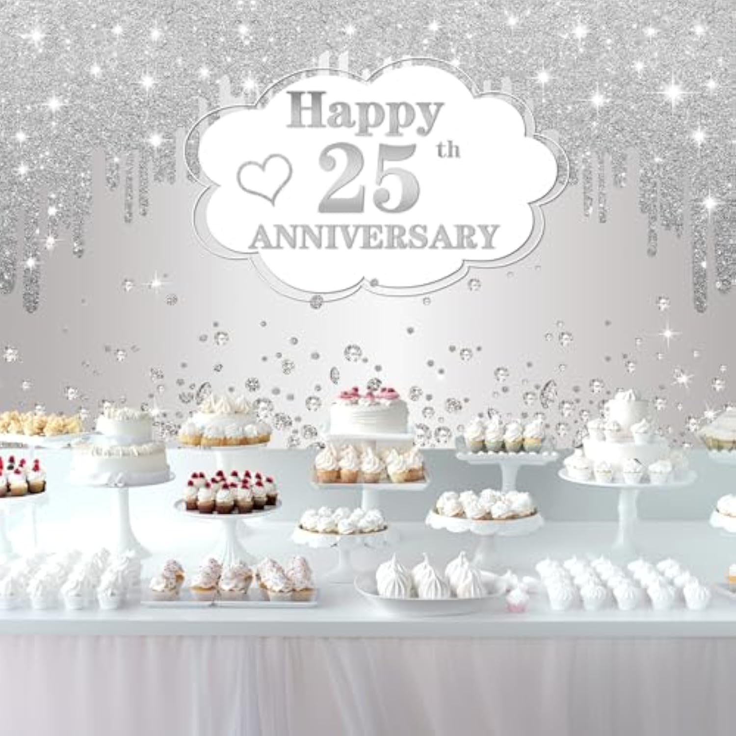 25Th Wedding Anniversary Banner Decorations, Silver 25 Th Wedding Anniversary Decorations Decor Poster Photography For Backdrop, Silver Happy 25 Anniversary Party Supplies, 72.8X43.3 Inches