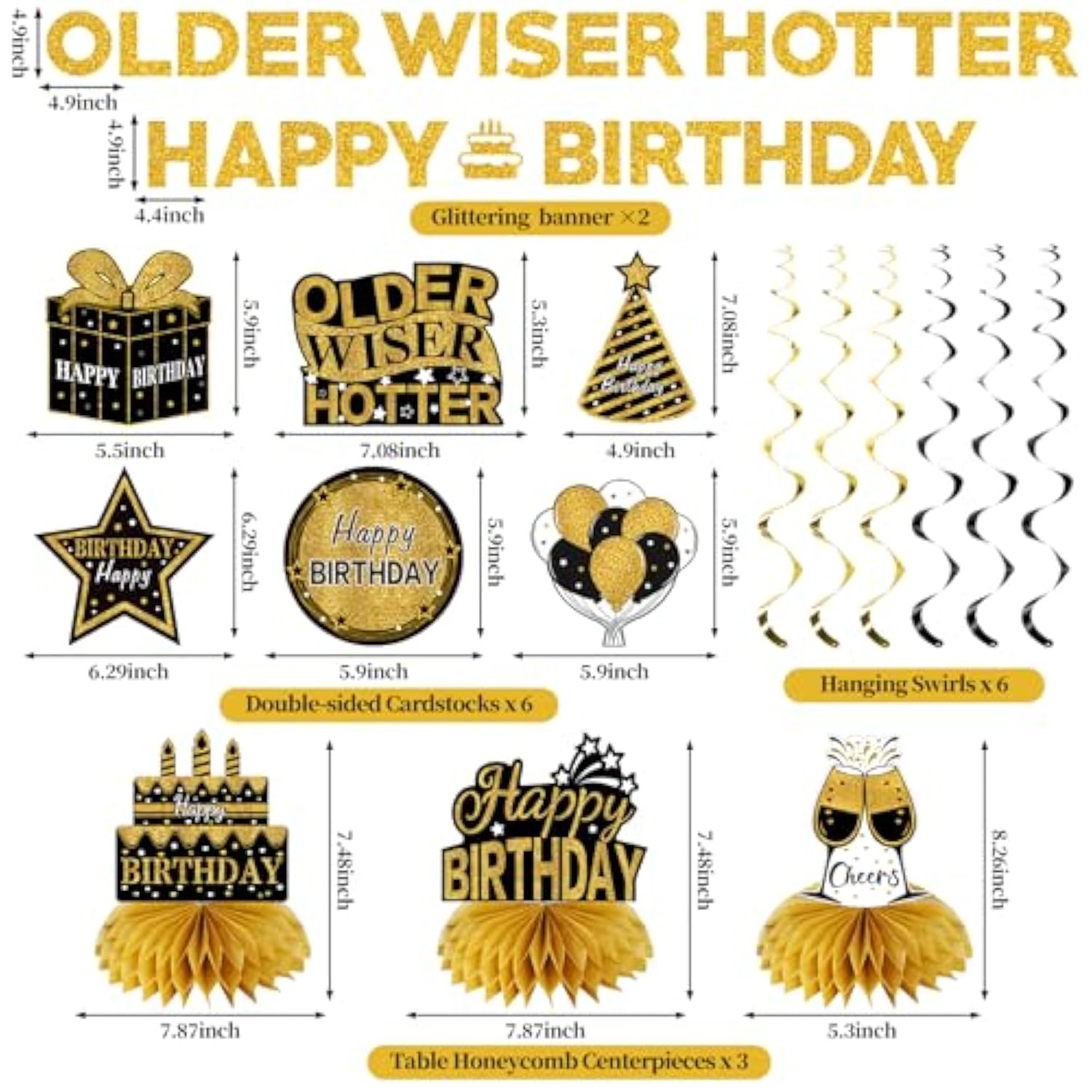11Pcs Happy Birthday Decorations Kit For Men Women, Black Gold Happy Birthday Banner, Older Wiser Hotter Glitter Banner Party Supplies, Bday Decor Centerpieces Swirls Table Topper Sign