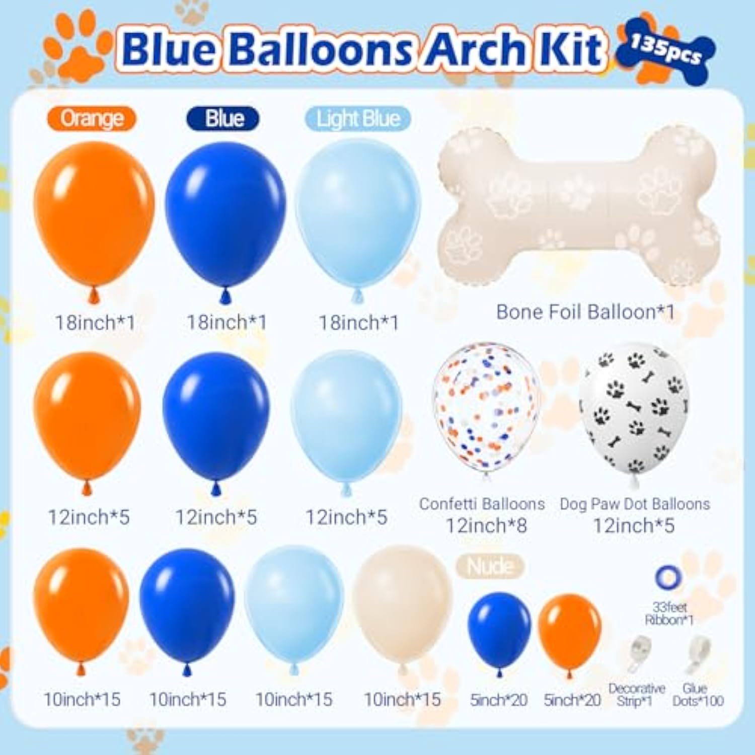 135Pcs Blue Balloon Garland Arch Kit, Diy Blue Orange Nude White Dog Bone Paw Print Balloons For Theme Baby Shower Anniversary Birthday Party Decorations