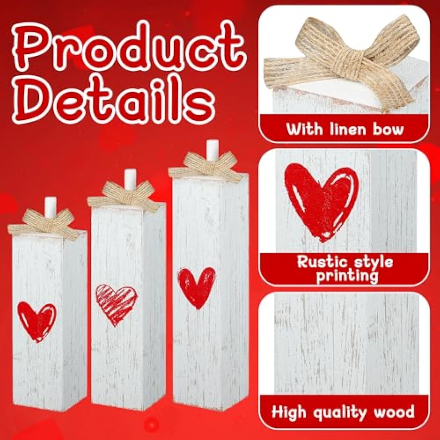 Valentine'S Day Table Block Valentine Tiered Tray Decor Wooden Table Centerpiece Block Signs Farmhouse Valentines Day Tabletop Sign For Valentine'S Day Wedding Anniversary Party Table Decor, 3 Pcs