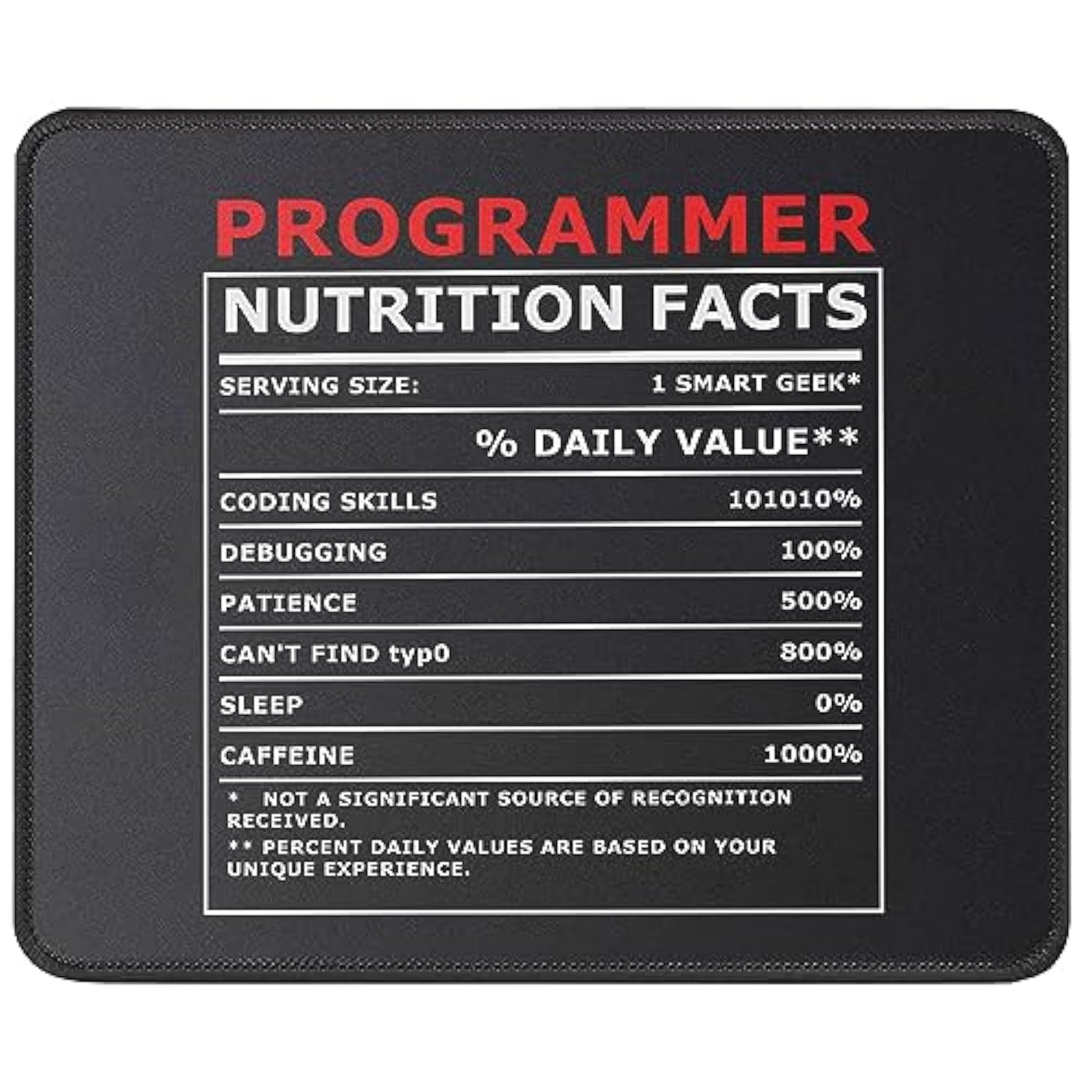 Programmer Nutritional Facts Mouse Pad Funny Coding Nerd - Geek Gift For It Support, Computer Science Engineer - Software Developer Mouse Mat 9.5 Inch