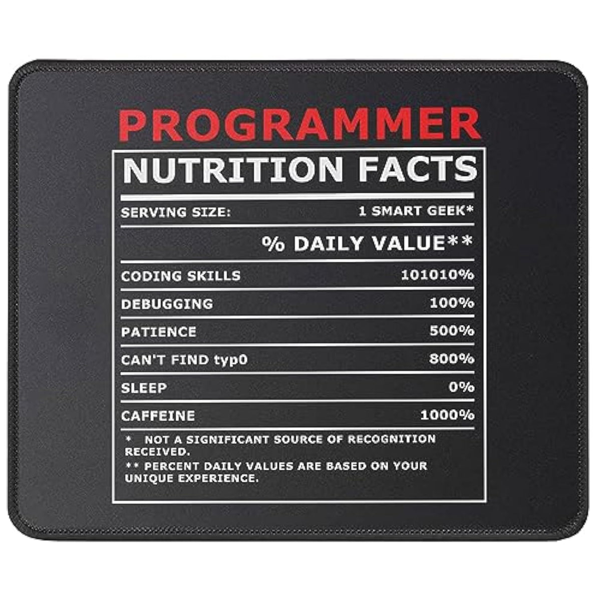 Programmer Nutritional Facts Mouse Pad Funny Coding Nerd - Geek Gift For It Support, Computer Science Engineer - Software Developer Mouse Mat 9.5 Inch