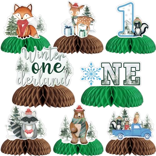 Winter Onederland 1st Birthday Decor 8pcs Winter Forest Woodland Table Honeycomb Centerpieces Winter Forest Woodland Creatures Birthday Supplies for 1st Birthday
