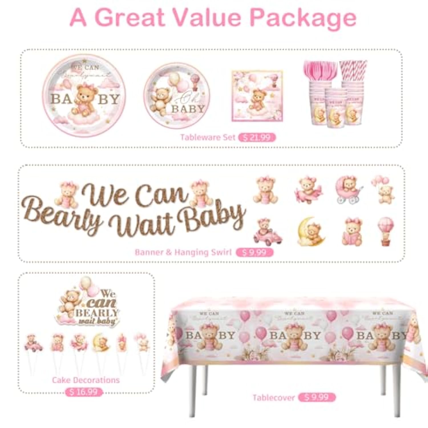 152 Pcs Pink Bearly Wait Baby Shower Decorations, Bear Baby Shower For Girl Tableware Set, With Banner, Cake Topper, Plates And Tablecloths, For Baby Girl Shower Decorations Pink, Serves 20